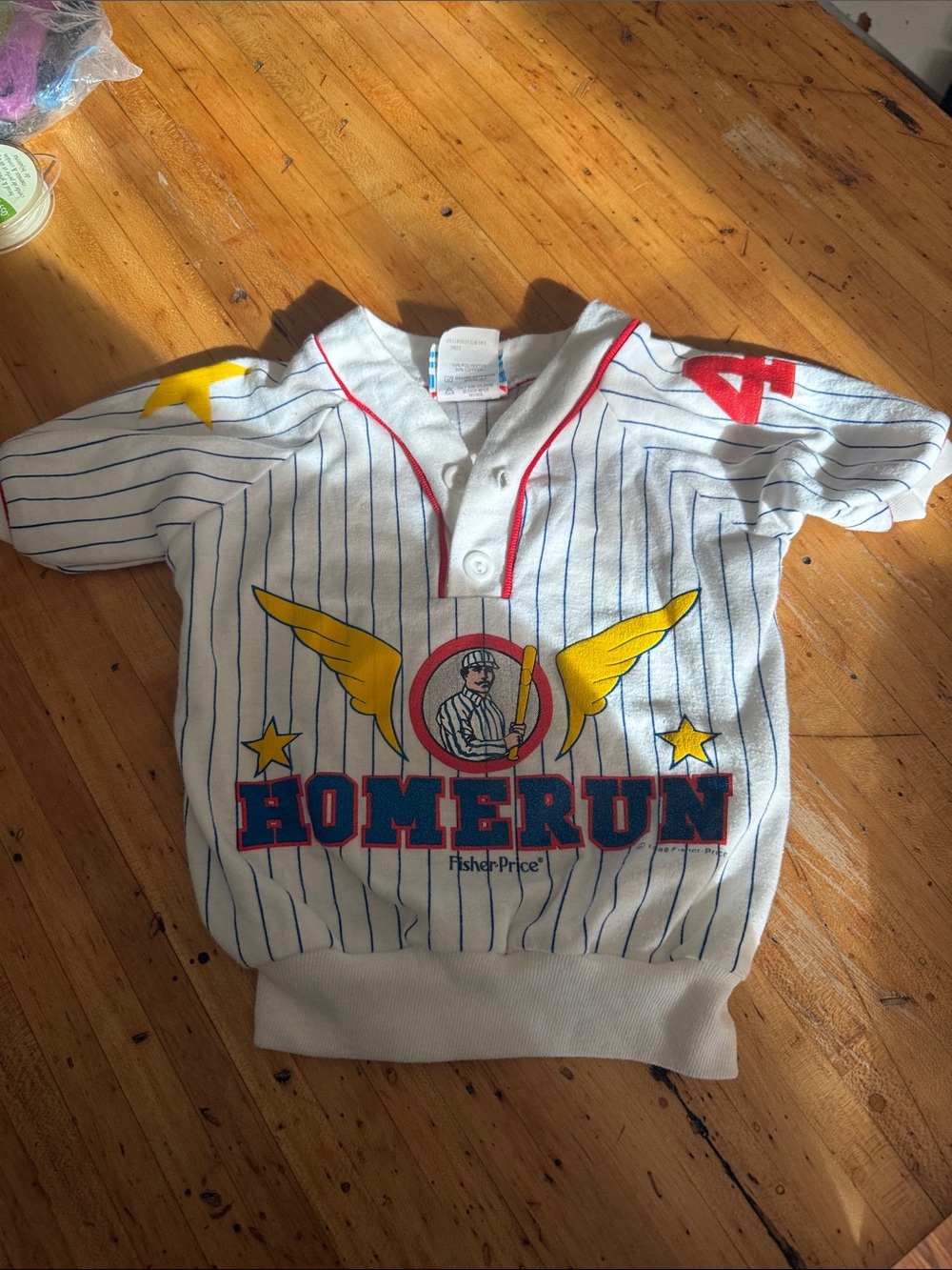 Fisher-Price White Pinstripe Baseball Top w Red Blue & Yellow Graphics USA 50/50